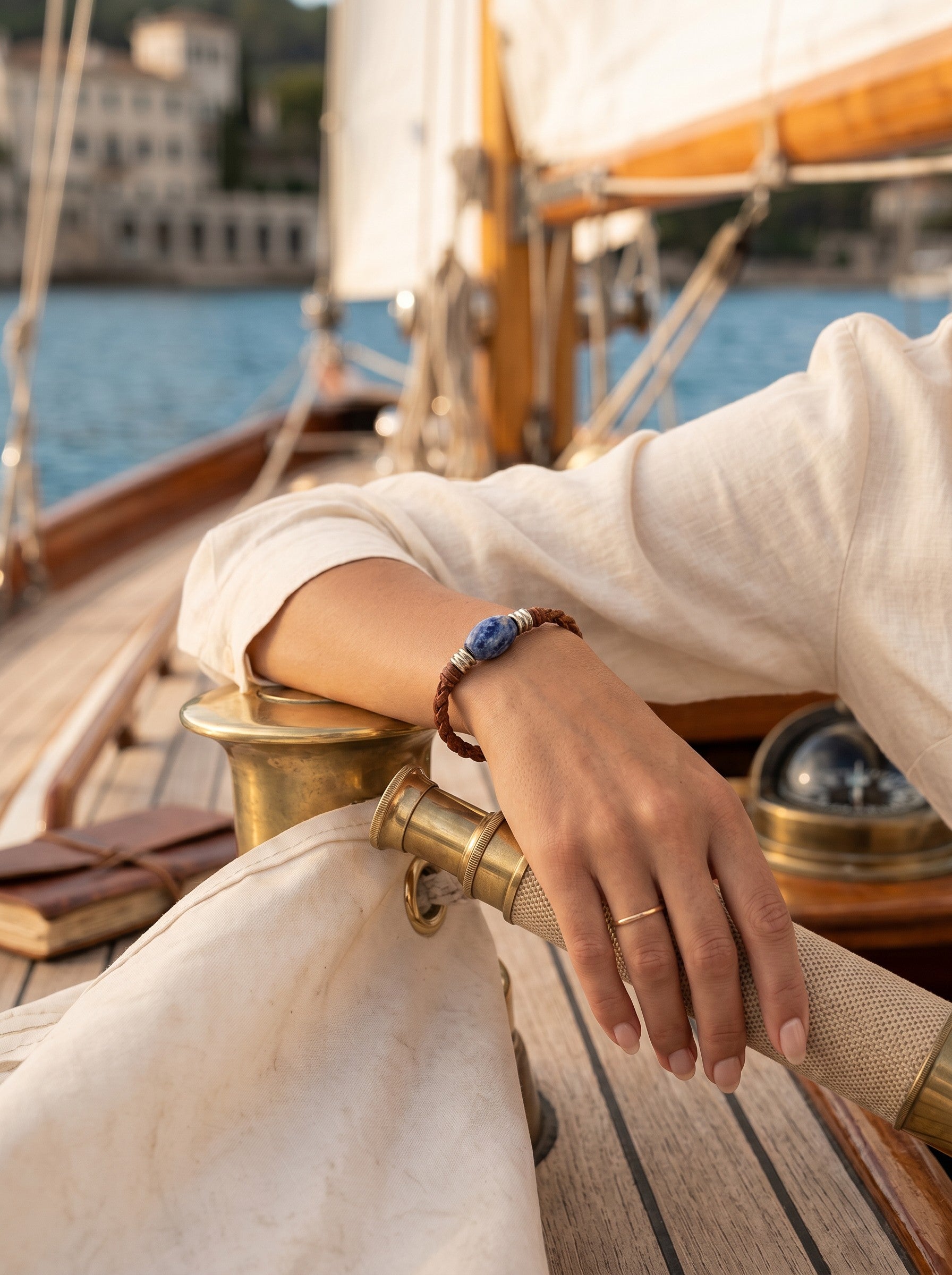 The Wanderer Tahitian Pearl and Braided Leather Bracelet-Blue Jasper