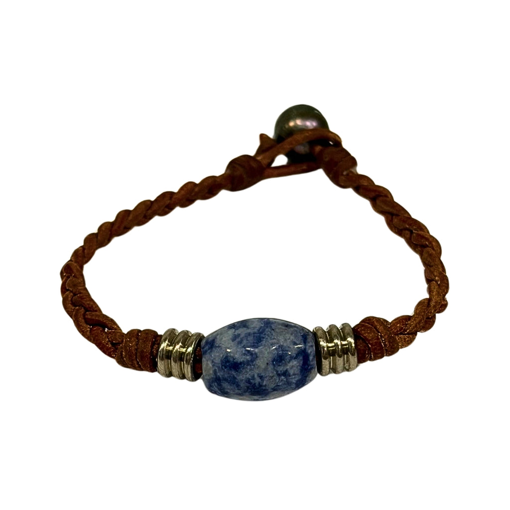 The Wanderer Tahitian Pearl and Braided Leather Bracelet-Blue Jasper