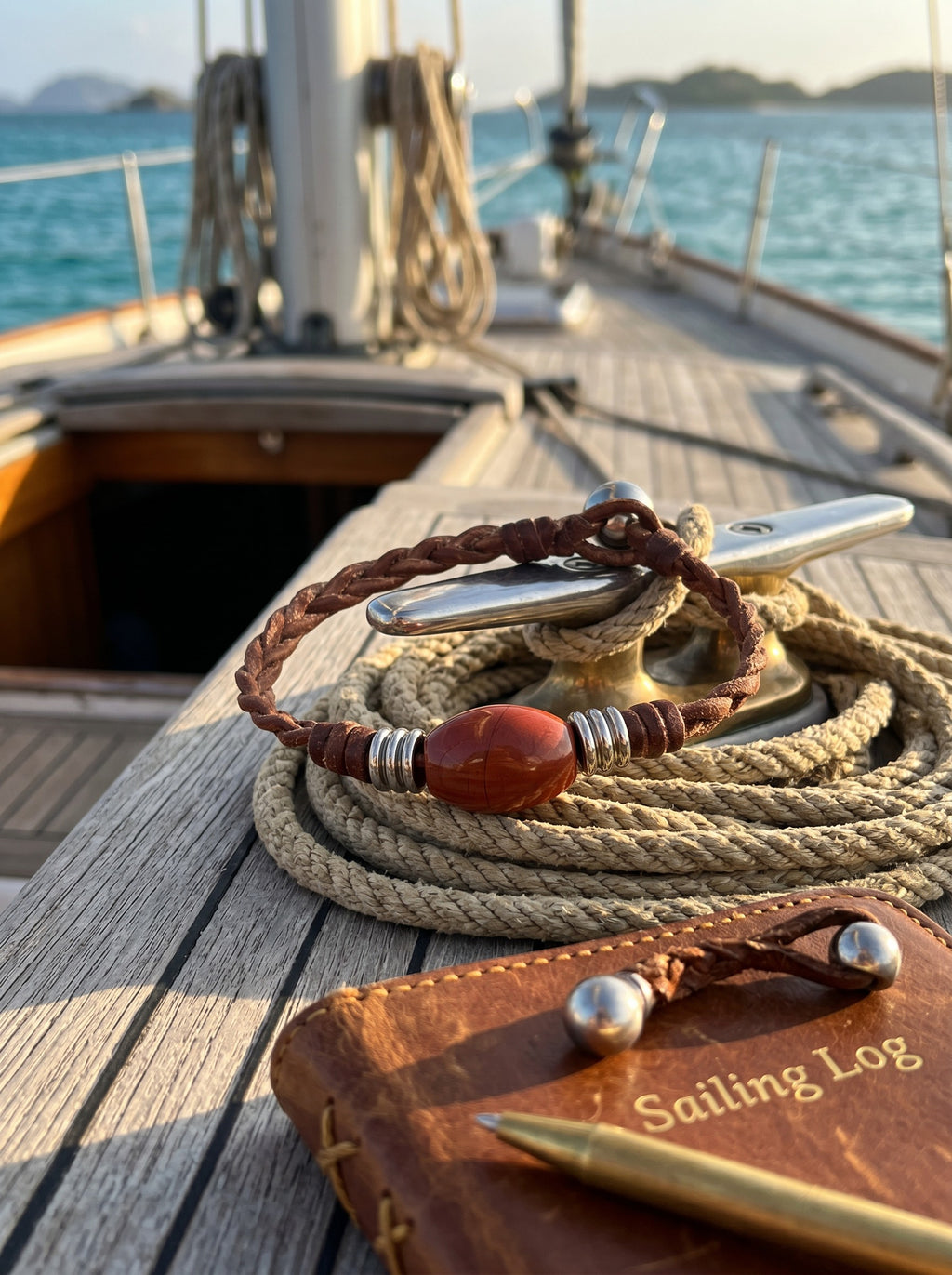 The Wanderer Tahitian Pearl and Braided Leather Bracelet-Red Jasper