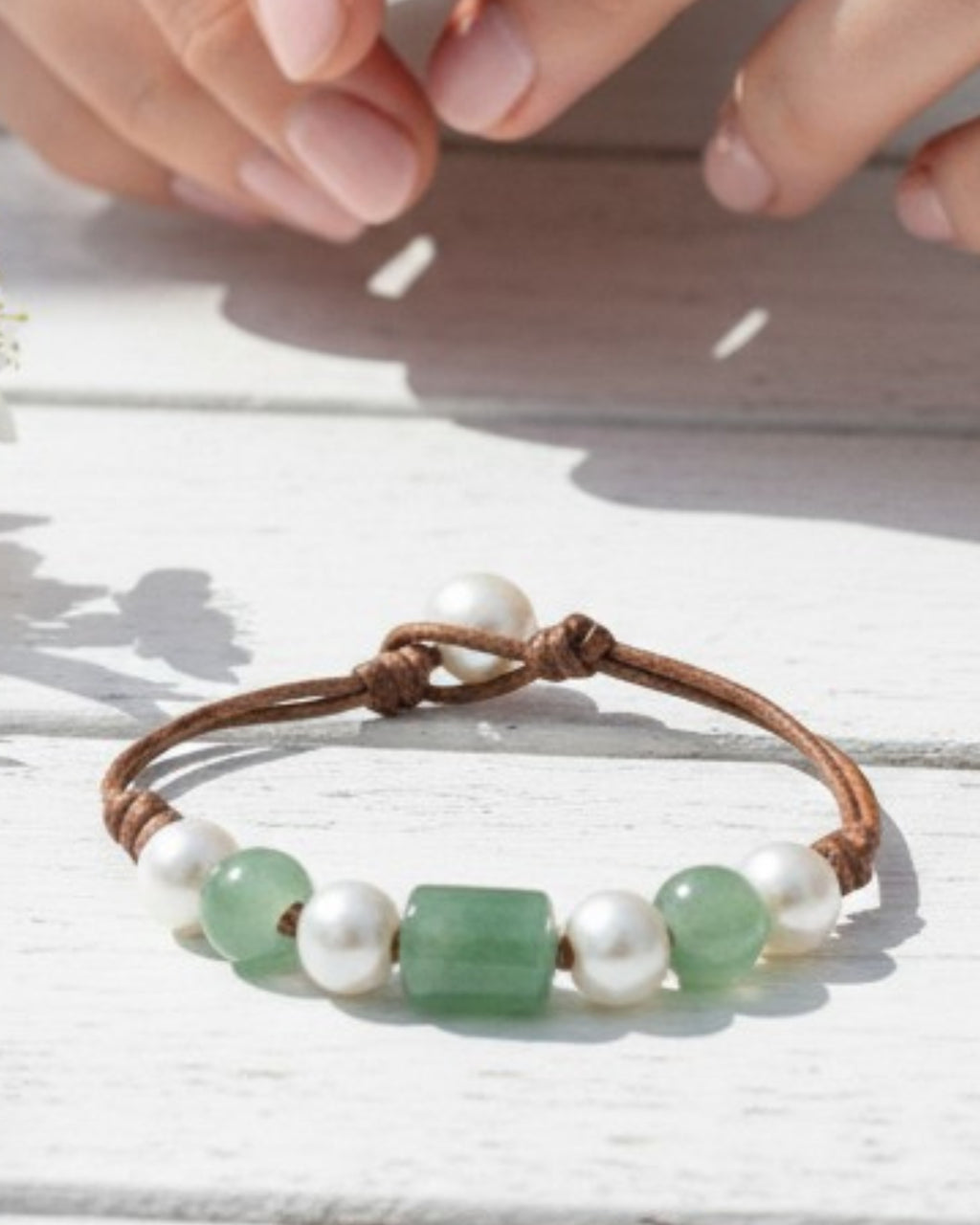Freshwater Pearl and Leather Chevelle Bracelet with Aventurine Green Gems