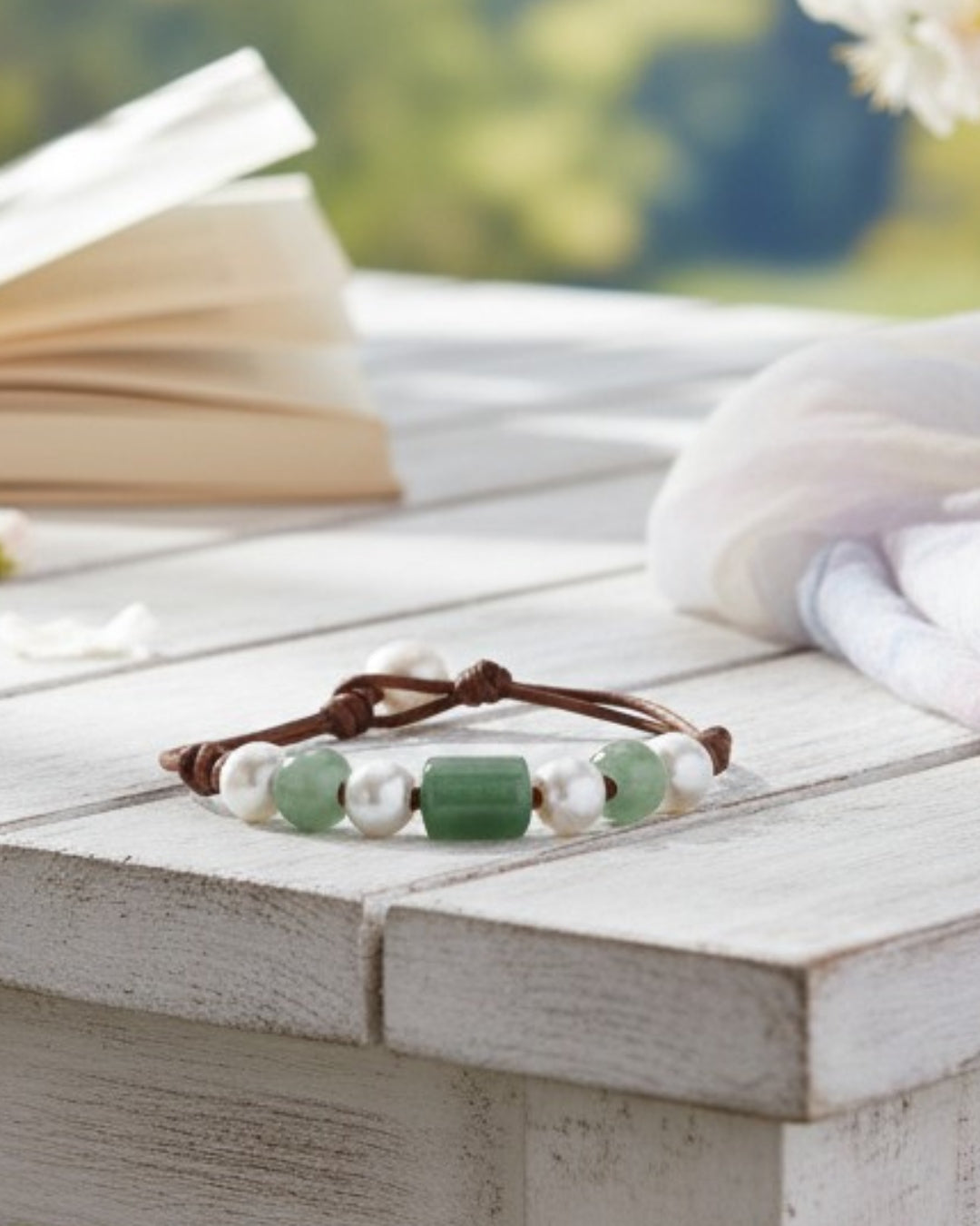 Freshwater Pearl and Leather Chevelle Bracelet with Aventurine Green Gems