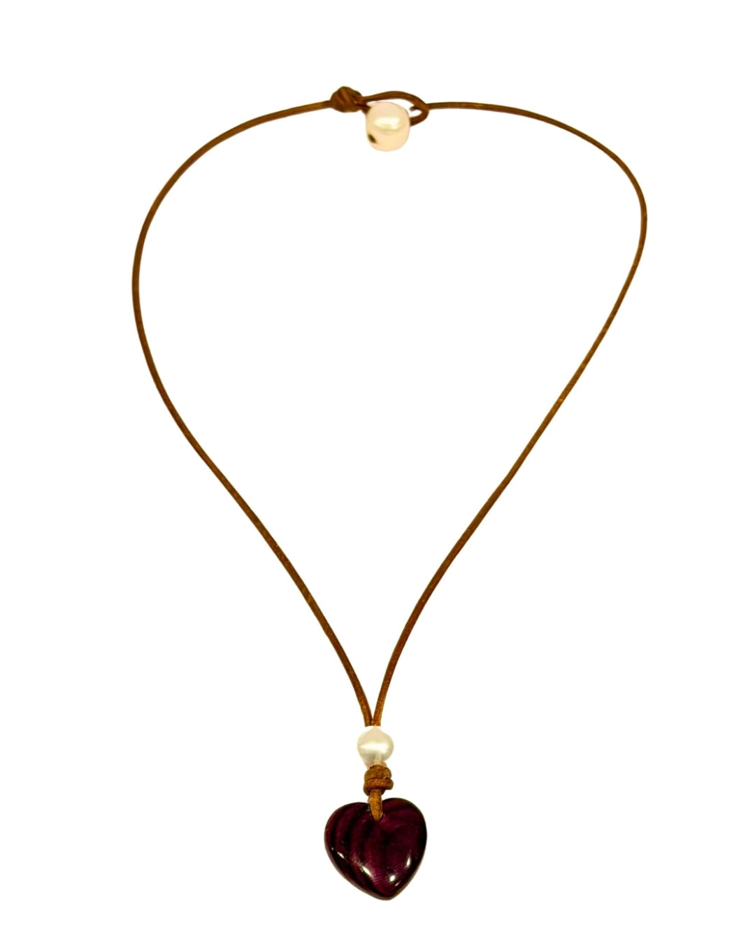 Wendy Mignot Purple Shell Heart and Freshwater Pearl and Leather Saba Love Necklace