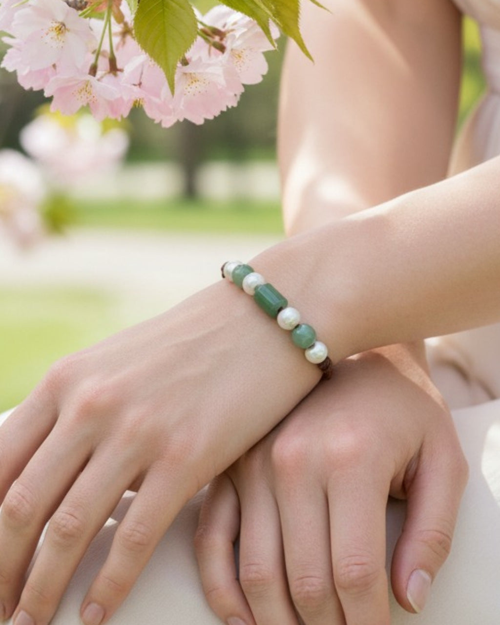 Freshwater Pearl and Leather Chevelle Bracelet with Aventurine Green Gems