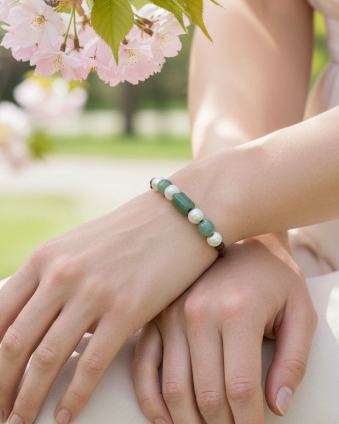 Freshwater Pearl and Leather Chevelle Bracelet with Aventurine Green Gems
