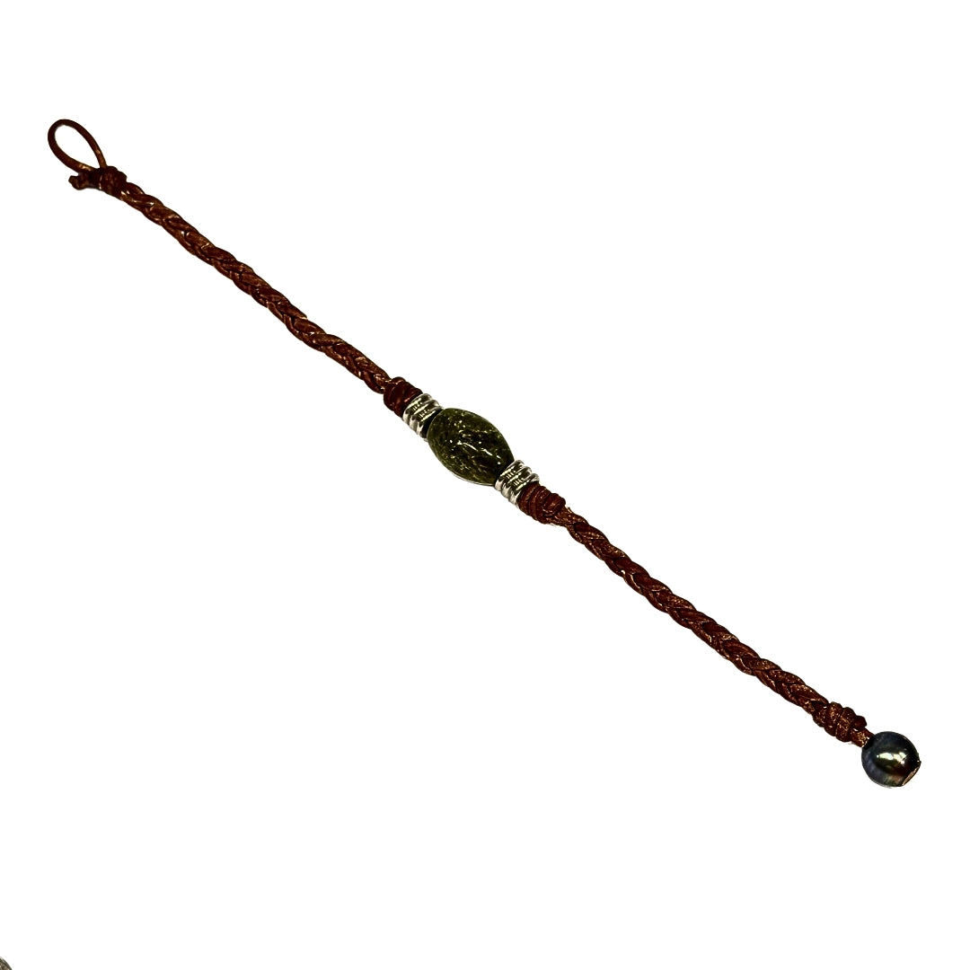 The Wanderer Tahitian Pearl and Braided Leather Bracelet-Unakite