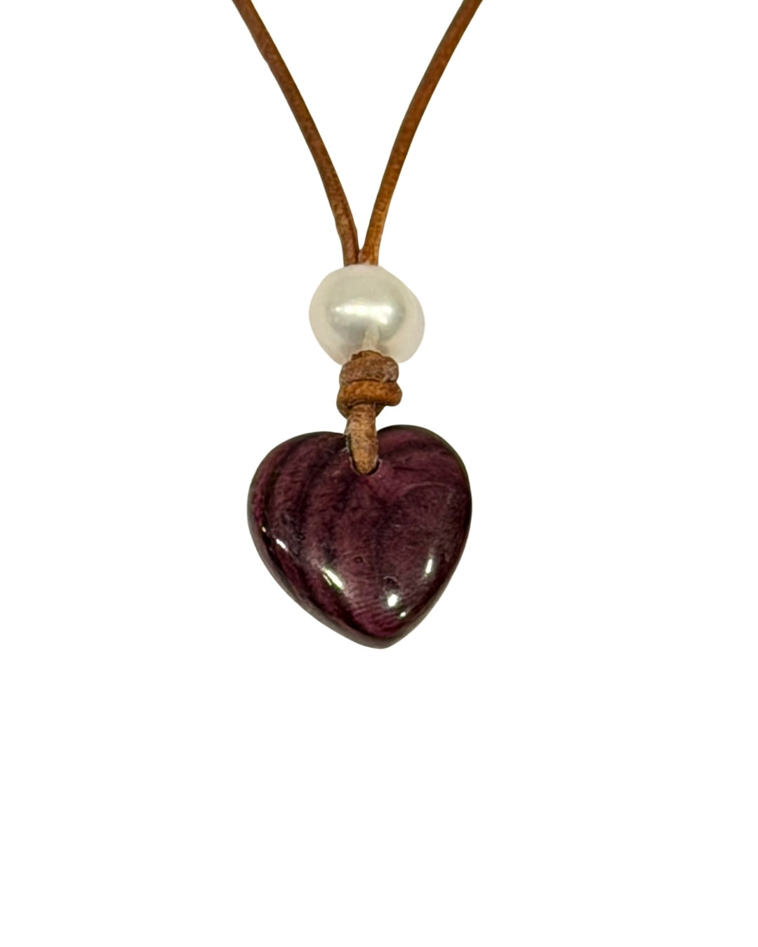 Wendy Mignot Purple Shell Heart and Freshwater Pearl and Leather Saba Love Necklace
