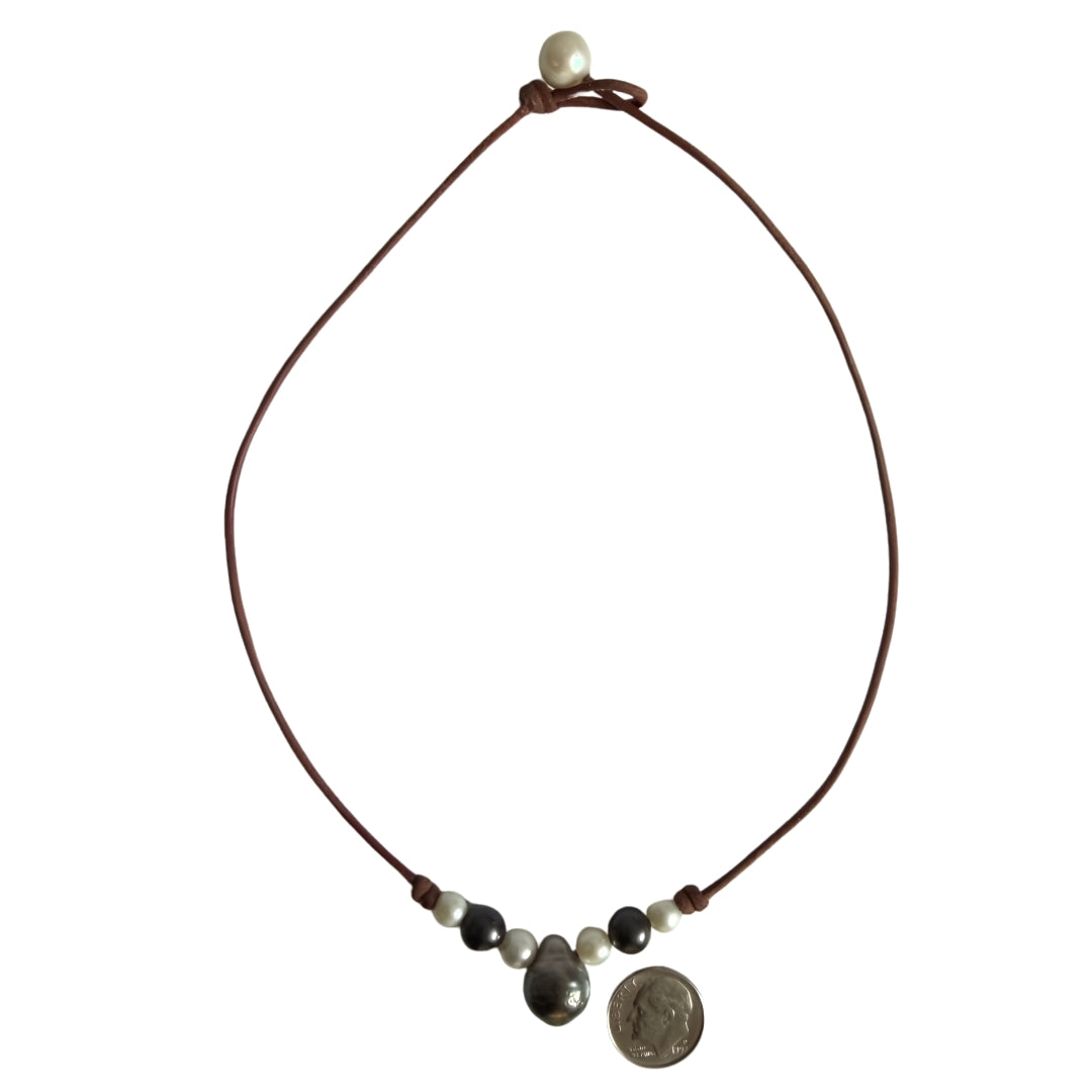 Wendy Mignot Lilly Freshwater and Tahitian Pearl and Leather Necklace