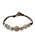 Freshwater Pearl and Leather Chevelle Bracelet with Rose Quartz Pink Gems