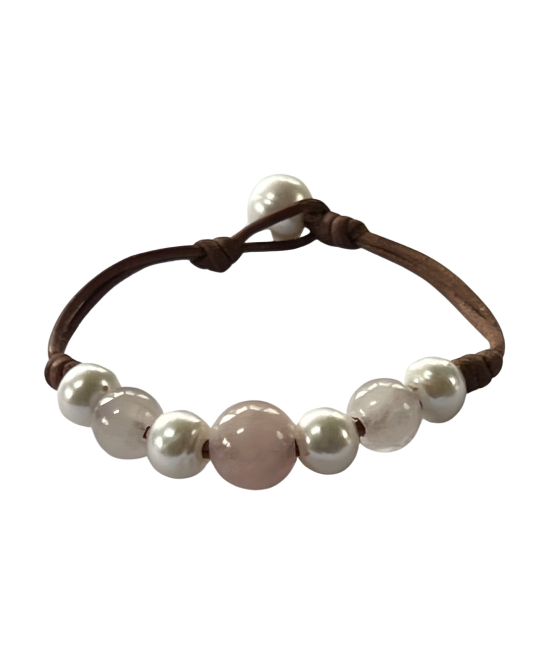 Freshwater Pearl and Leather Chevelle Bracelet with Rose Quartz Pink Gems