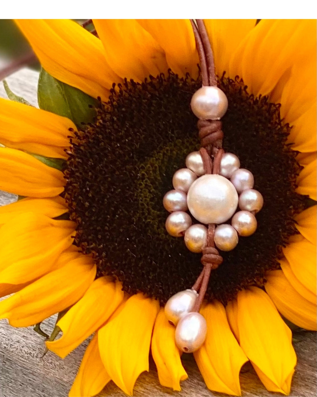 Wendy Mignot Freshwater Pearl and Leather Sunflower Necklace Slider-Pink