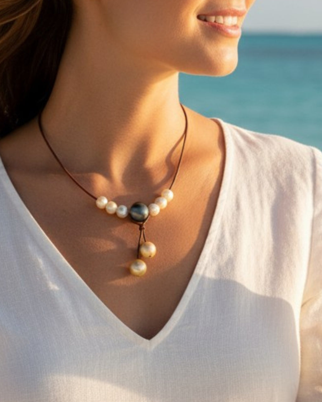 Wendy Mignot Tahitian Pearl and South Sea Gold Pearl and Leather Synergy Necklace