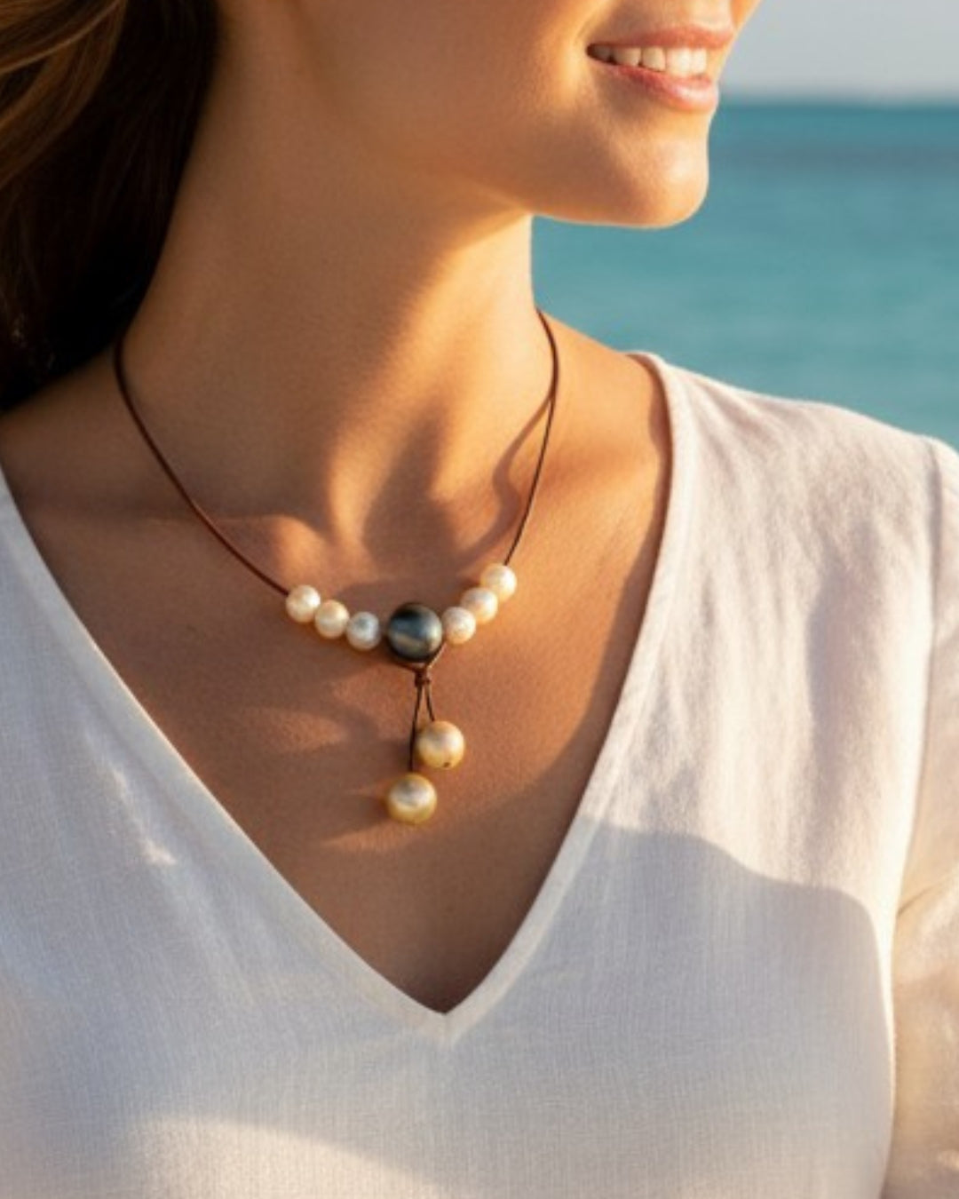 Wendy Mignot Tahitian Pearl and South Sea Gold Pearl and Leather Synergy Necklace