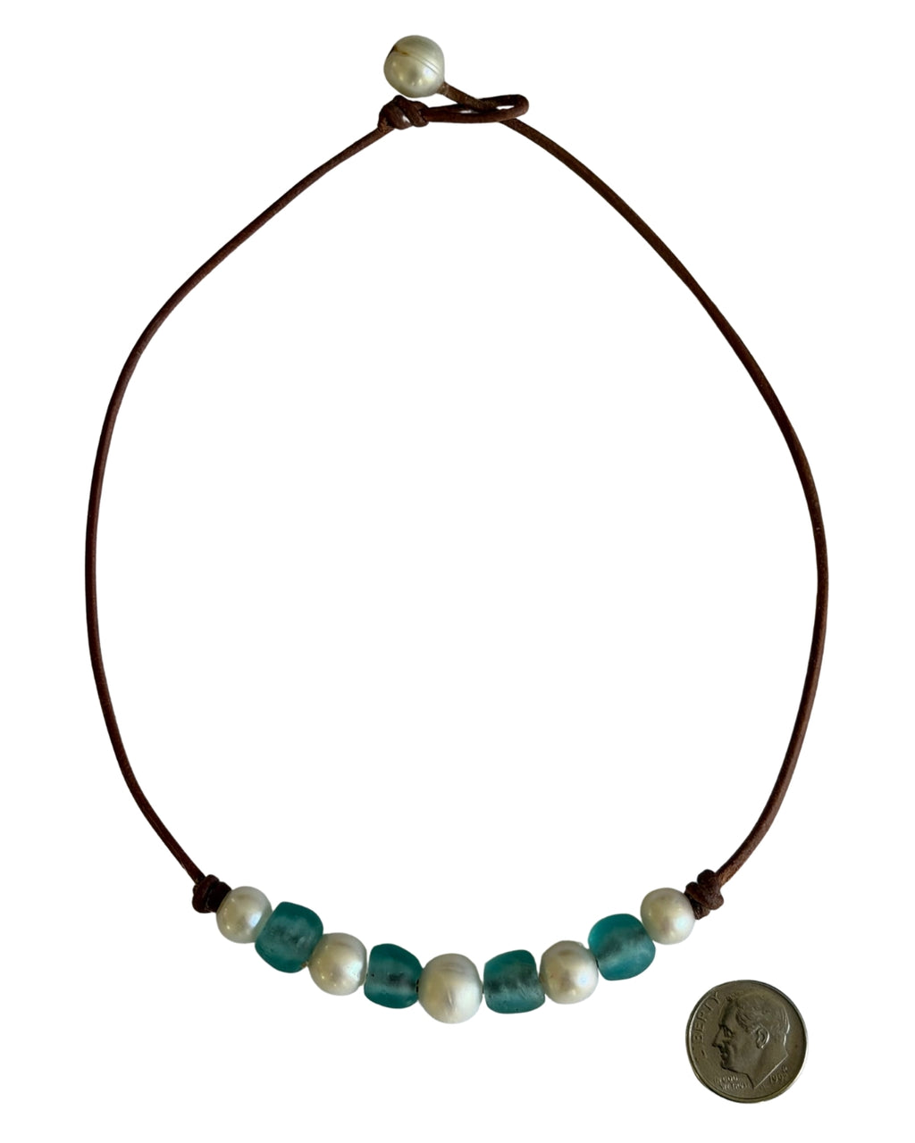 Wendy Mignot African Seaglass and Freshwater Pearl and Leather Regatta Necklace-Aqua
