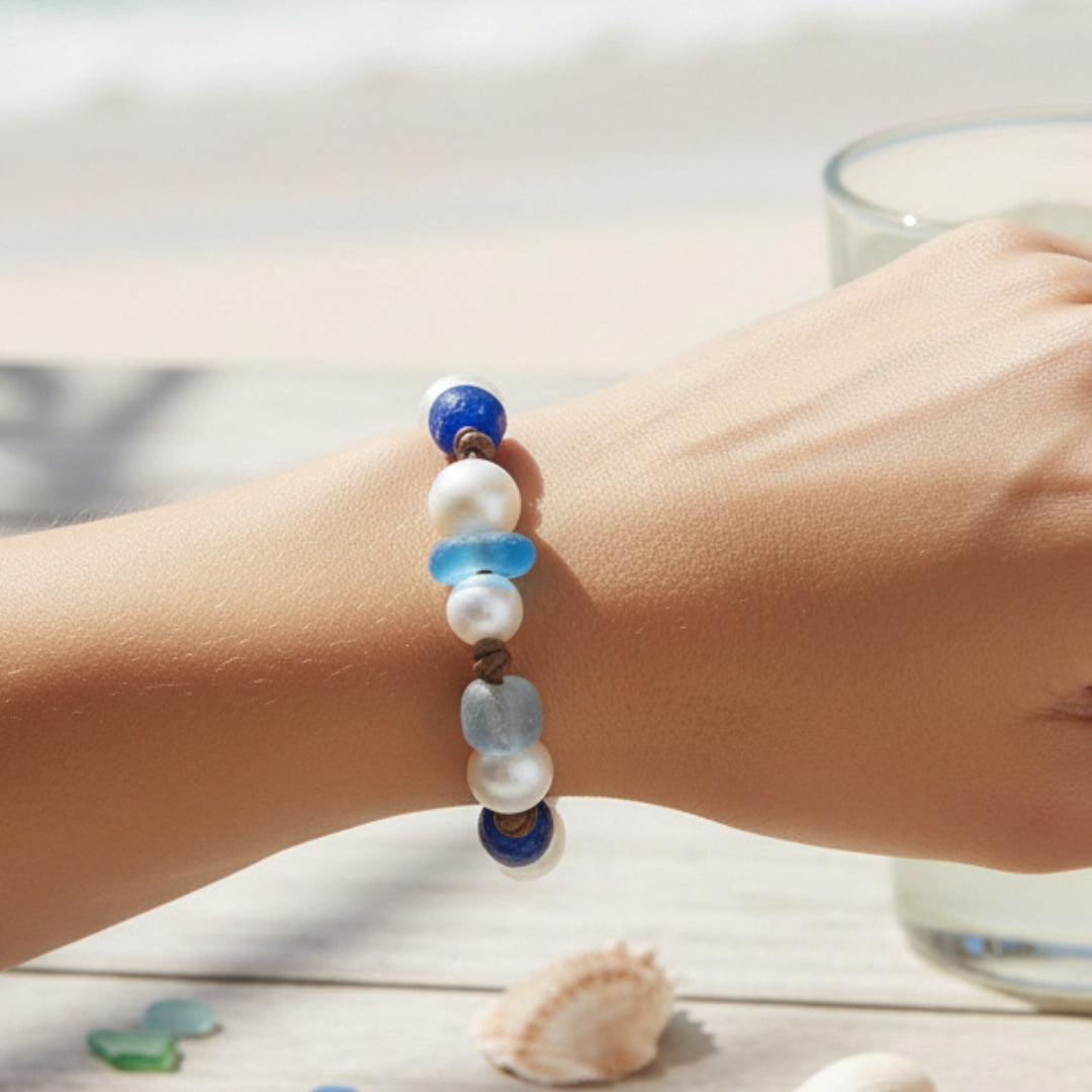 Wendy Mignot Freshwater Pearl and Leather Sea Glass Gypsy Bracelet