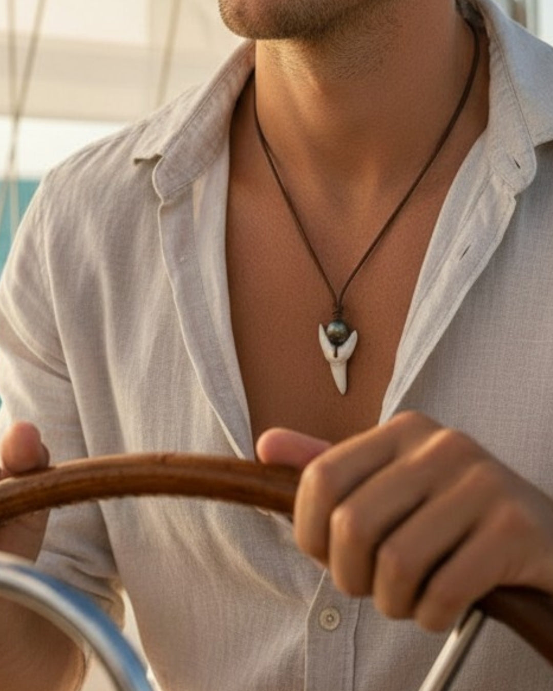 Wendy Mignot Shark's Tooth and Tahitian Pearl and Leather Ryder Necklace