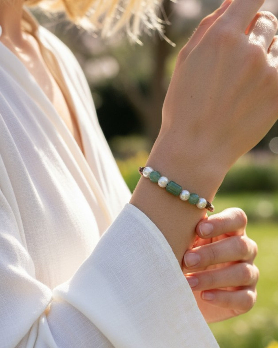 Freshwater Pearl and Leather Chevelle Bracelet with Aventurine Green Gems