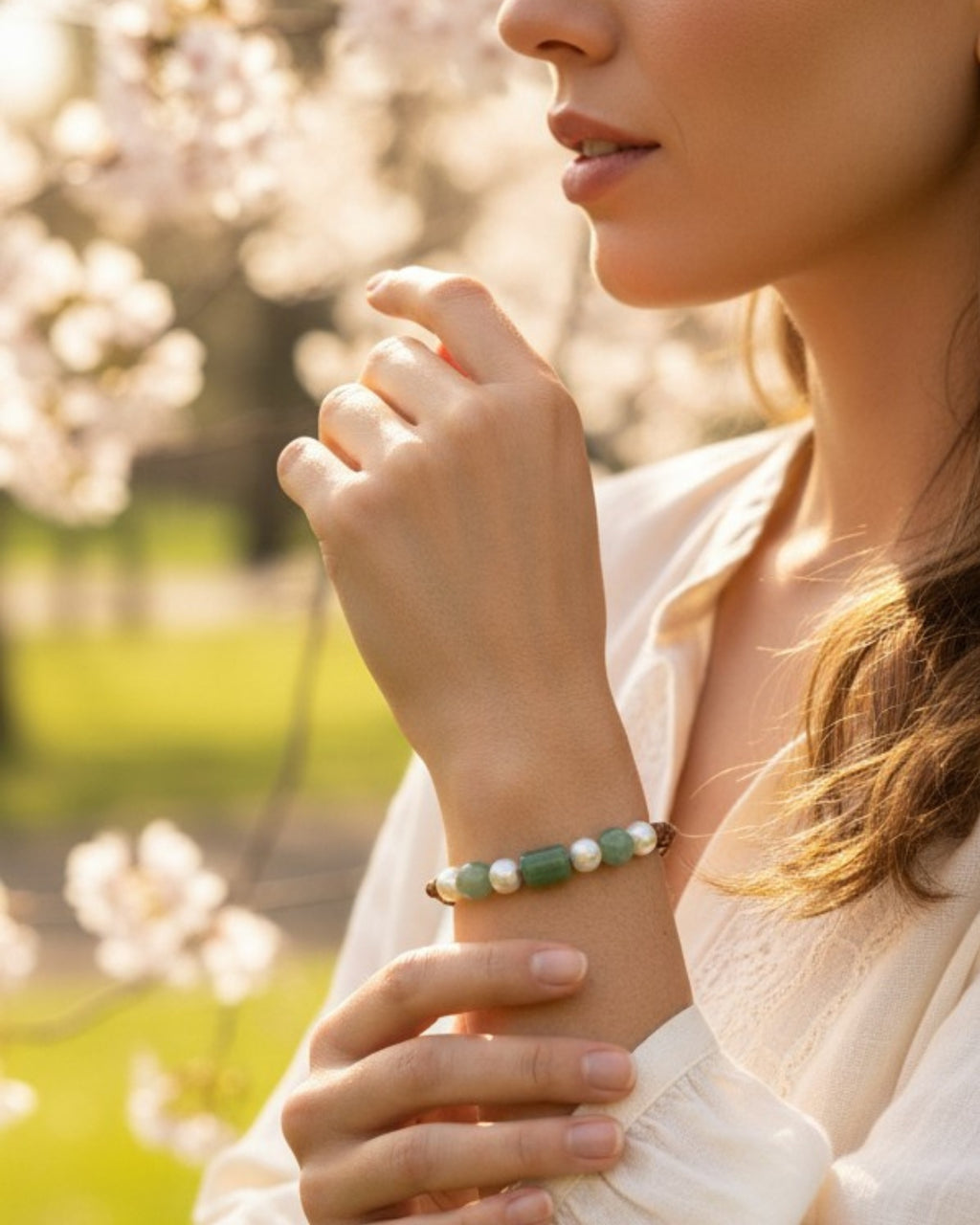 Freshwater Pearl and Leather Chevelle Bracelet with Aventurine Green Gems