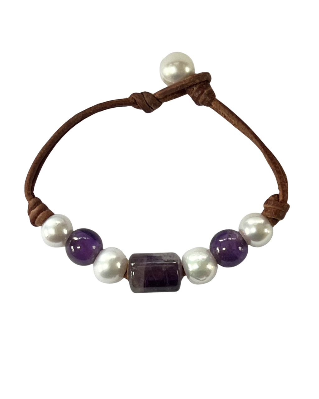 Freshwater Pearl and Leather Chevelle Bracelet with Amethyst Purple Gems
