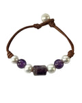 Freshwater Pearl and Leather Chevelle Bracelet with Amethyst Purple Gems