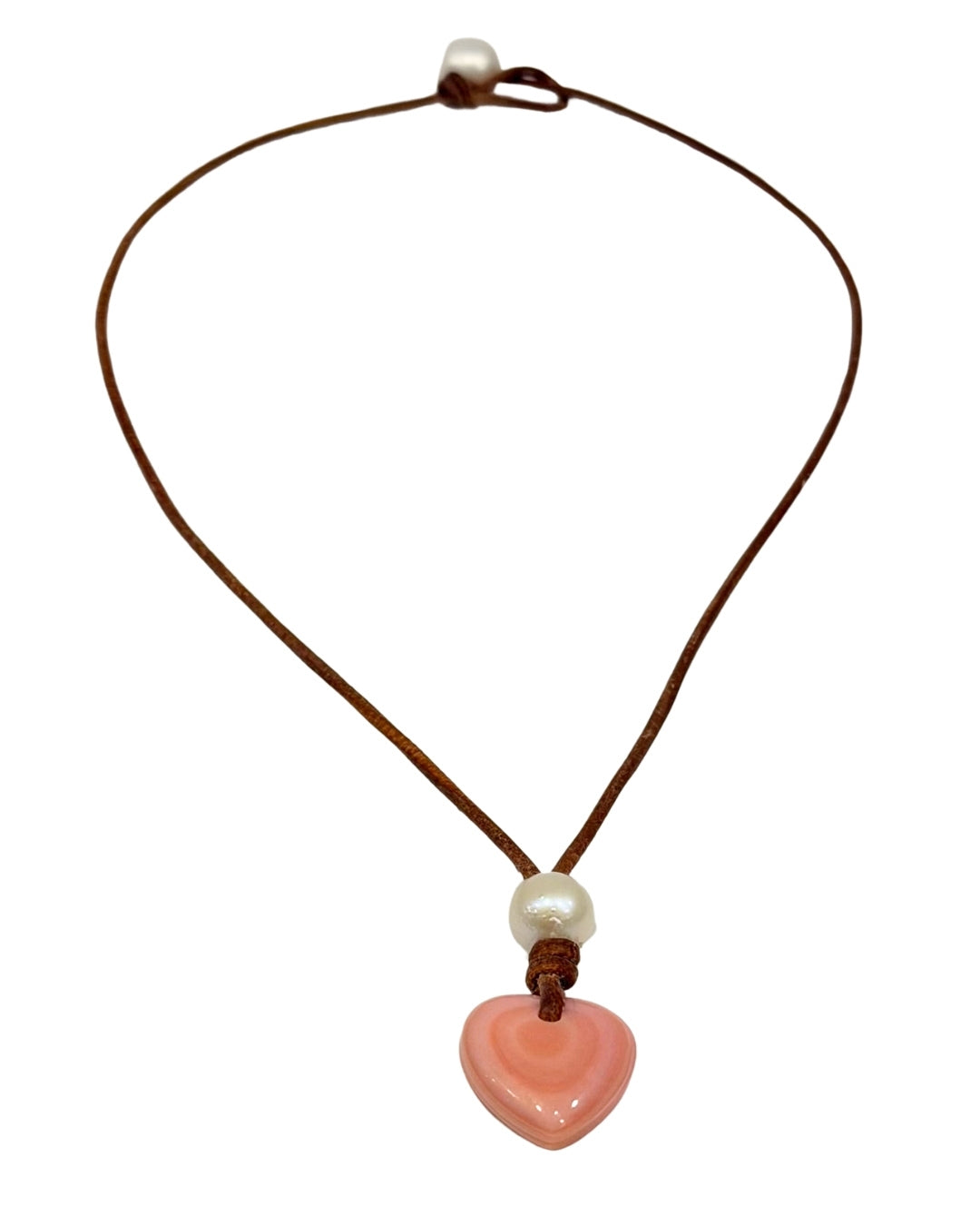 Wendy Mignot Conch Shell Heart and Freshwater Pearl and Leather Saba Love Necklace
