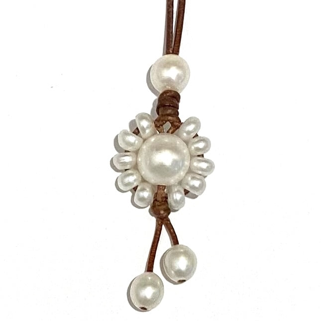 Wendy Mignot Freshwater Pearl and Leather Sunflower Necklace Slider-White