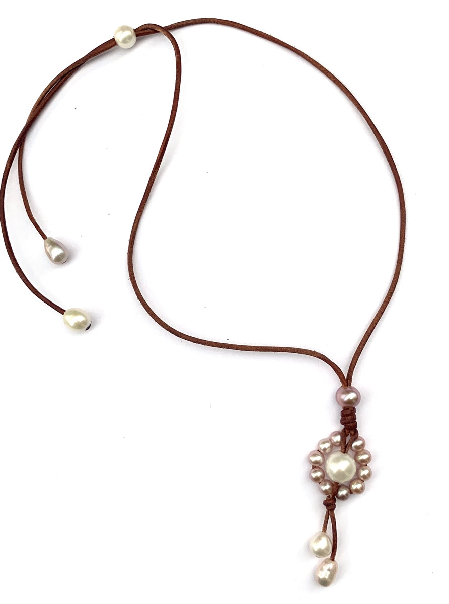 photo of Wendy Mignot Freshwater Pearl and Leather Sunflower Necklace Slider-Pink
