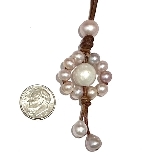 Wendy Mignot Freshwater Pearl and Leather Sunflower Necklace Slider-Pink