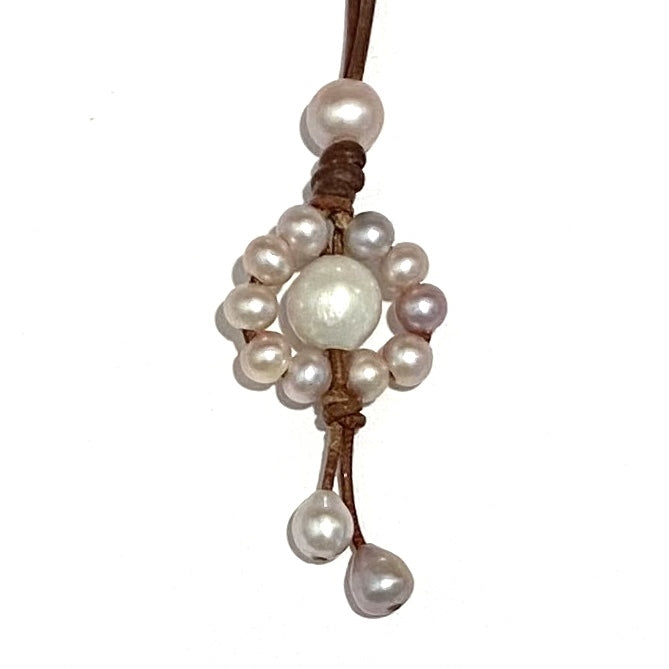 Wendy Mignot Freshwater Pearl and Leather Sunflower Necklace Slider-Pink