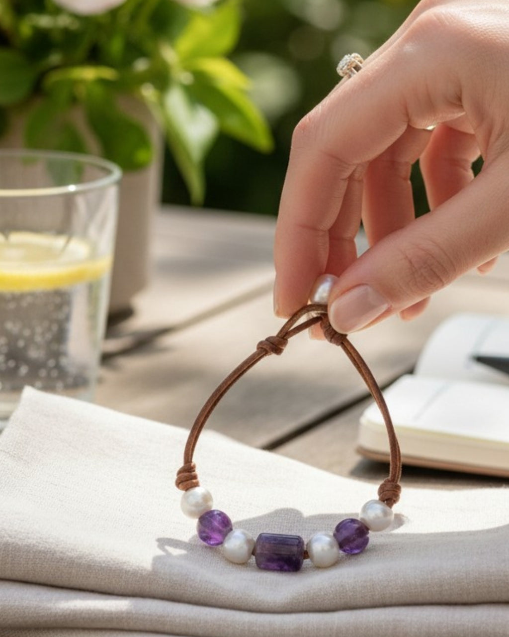 Freshwater Pearl and Leather Chevelle Bracelet with Amethyst Purple Gems
