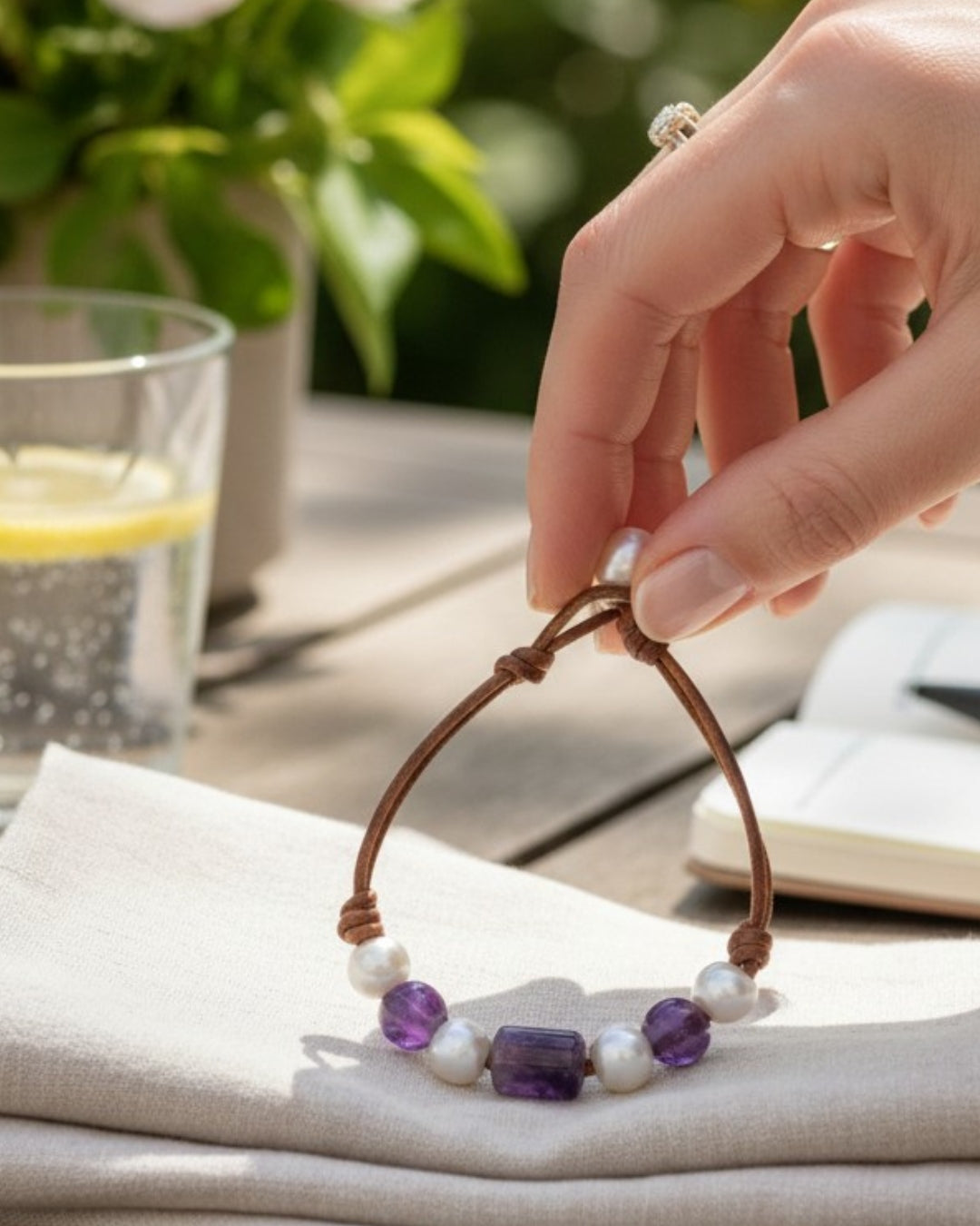 Freshwater Pearl and Leather Chevelle Bracelet with Amethyst Purple Gems