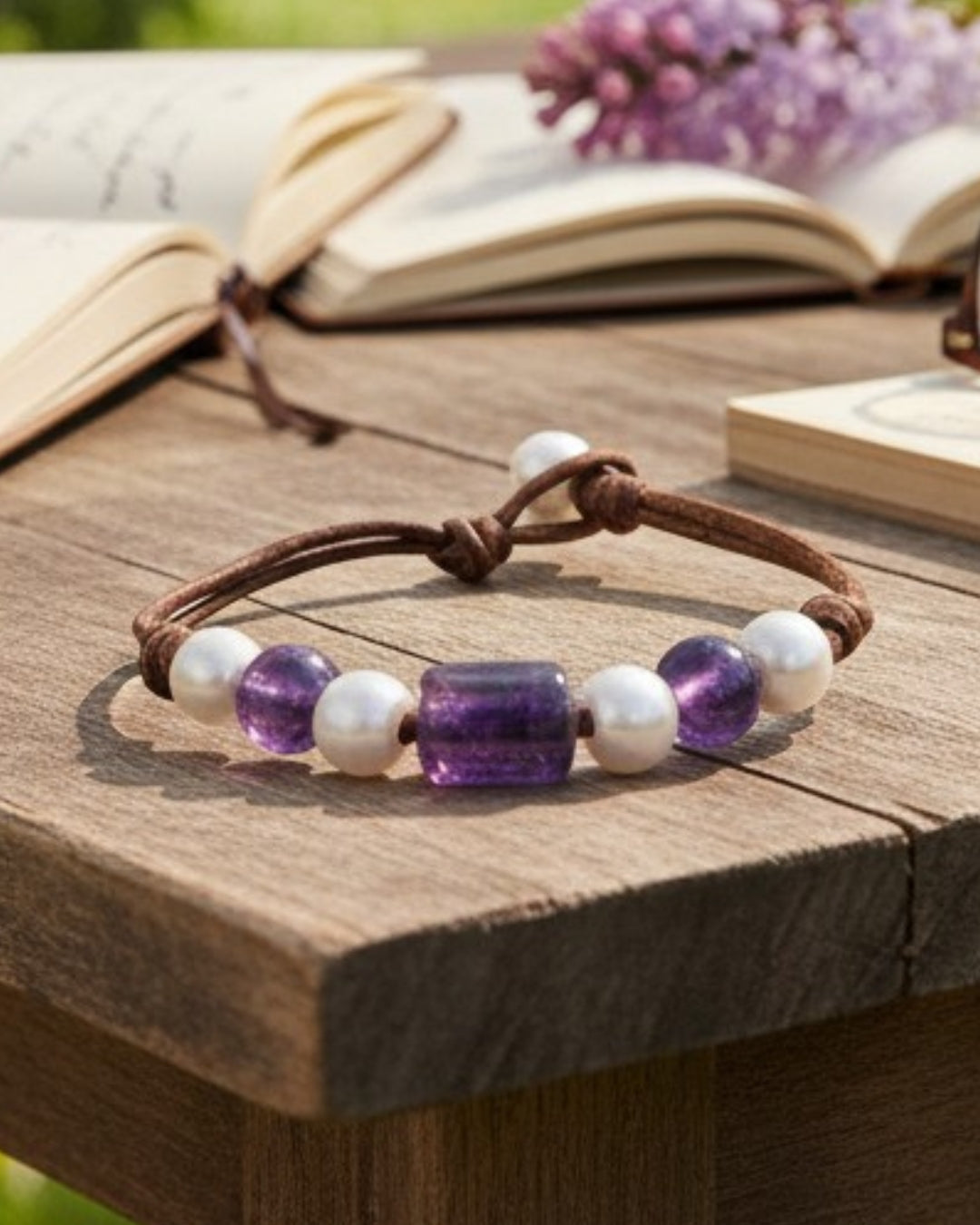 Freshwater Pearl and Leather Chevelle Bracelet with Amethyst