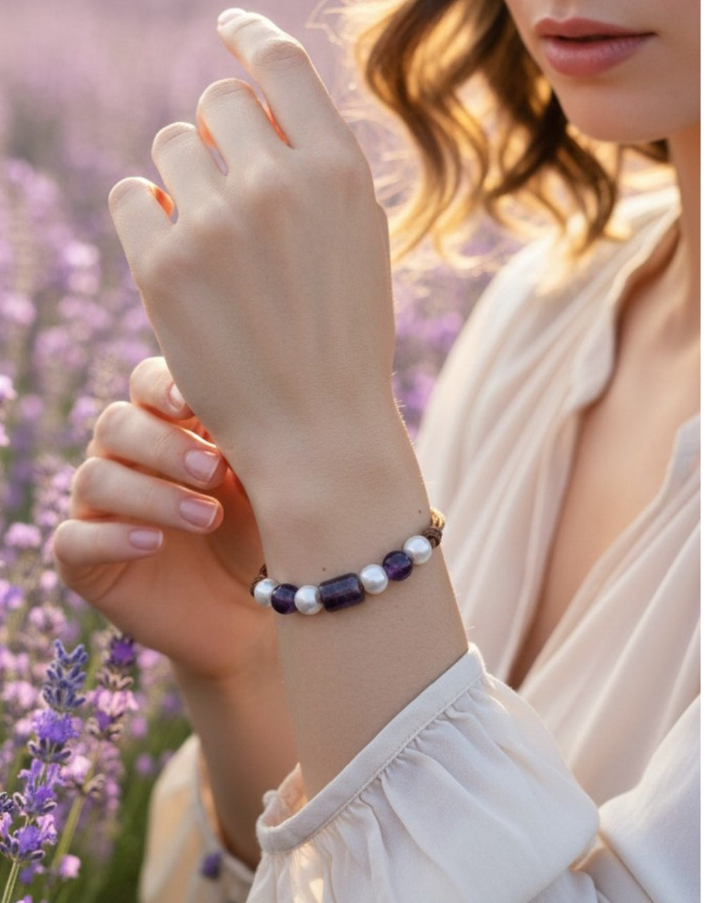 Freshwater Pearl and Leather Chevelle Bracelet with Amethyst Purple Gems