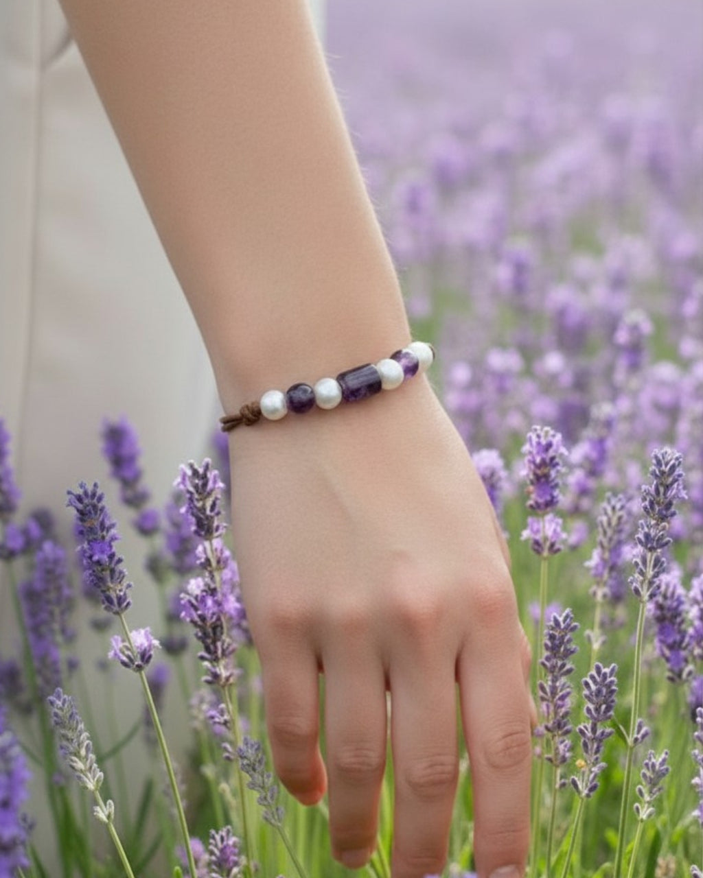 Freshwater Pearl and Leather Chevelle Bracelet with Amethyst Purple Gems