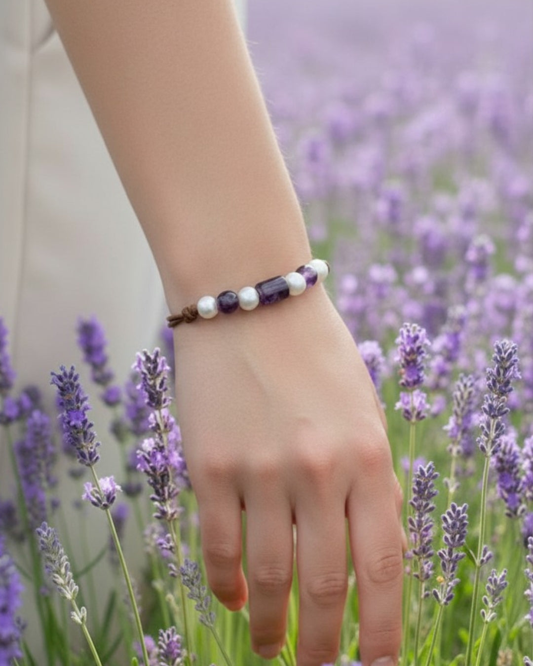 Freshwater Pearl and Leather Chevelle Bracelet with Amethyst Purple Gems