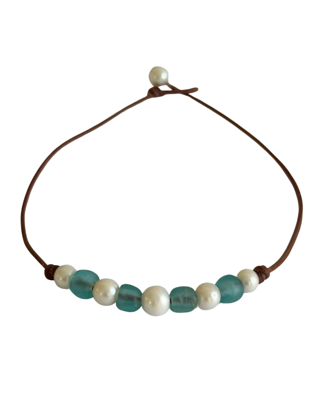 Wendy Mignot African Seaglass and Freshwater Pearl and Leather Regatta Necklace-Aqua