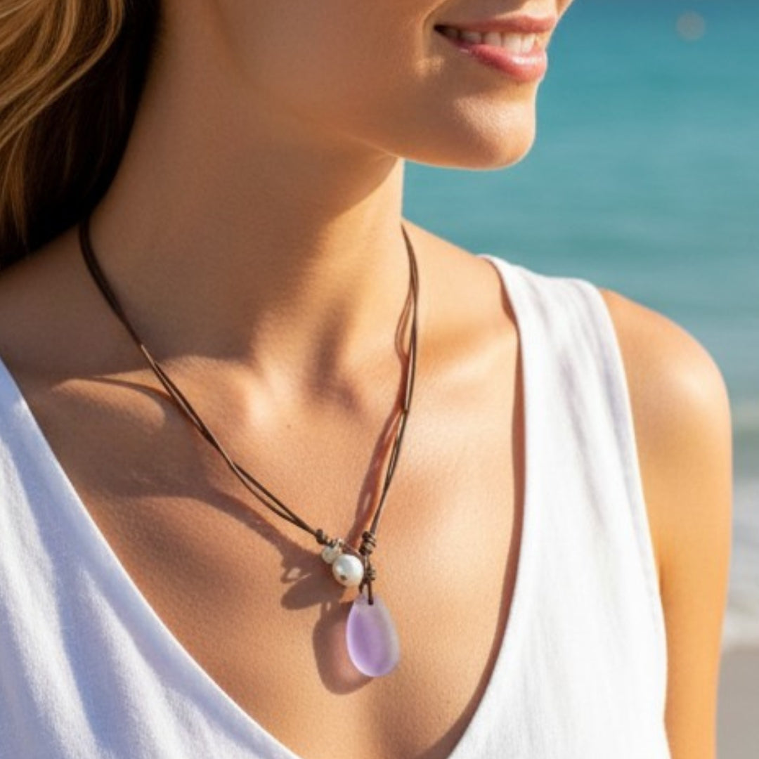 Wendy Mignot Coastline Anegada Freshwater Pearl and Leather Violet Sea Glass Necklace