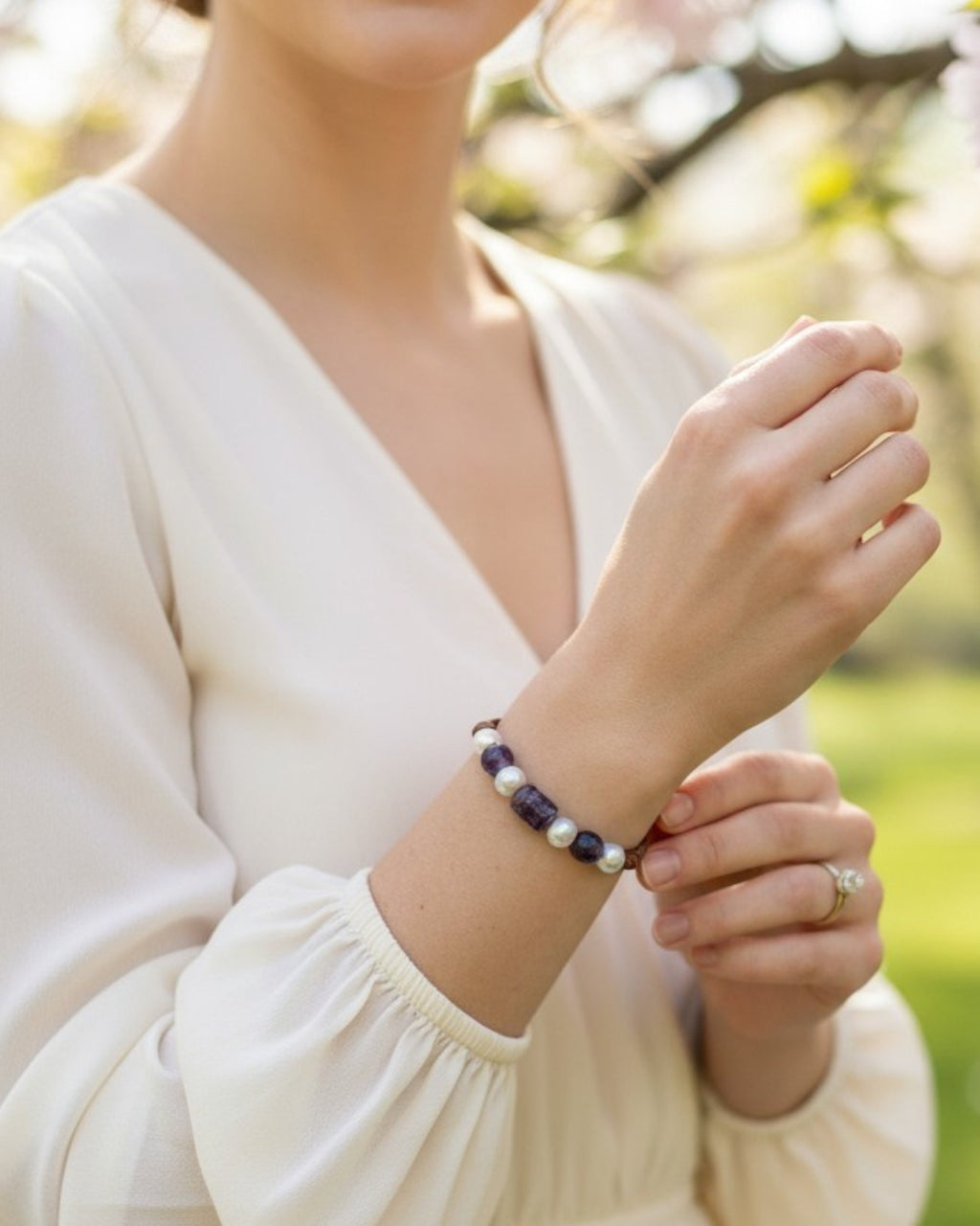 Freshwater Pearl and Leather Chevelle Bracelet with Amethyst Purple Gems
