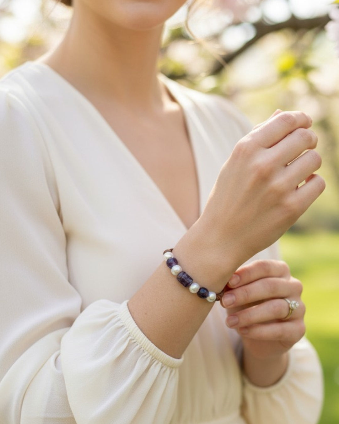 Freshwater Pearl and Leather Chevelle Bracelet with Amethyst Purple Gems