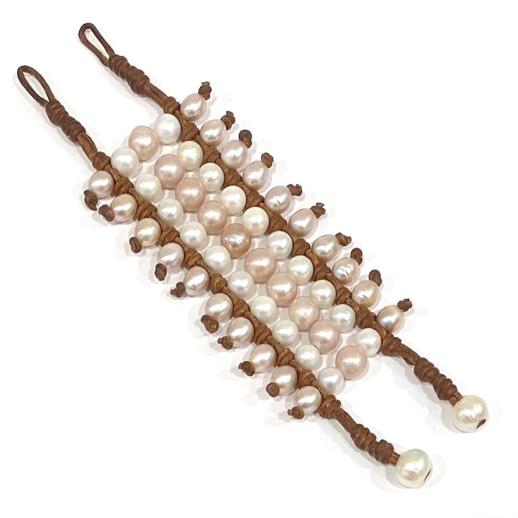 Wendy Mignot Freshwater Pearl and Leather Five-Level Cuff Bracelet