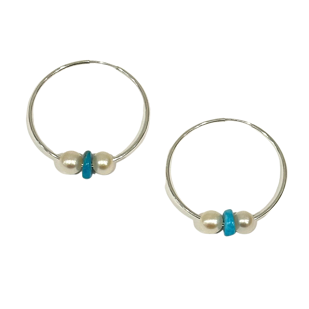 Wendy Mignot Silver Three-Pearl Hoop Earrings - White, Turquoise, White
