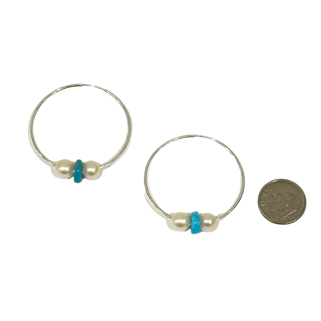 Wendy Mignot Silver Three Pearl Hoop Earrings - White, Turquoise, White