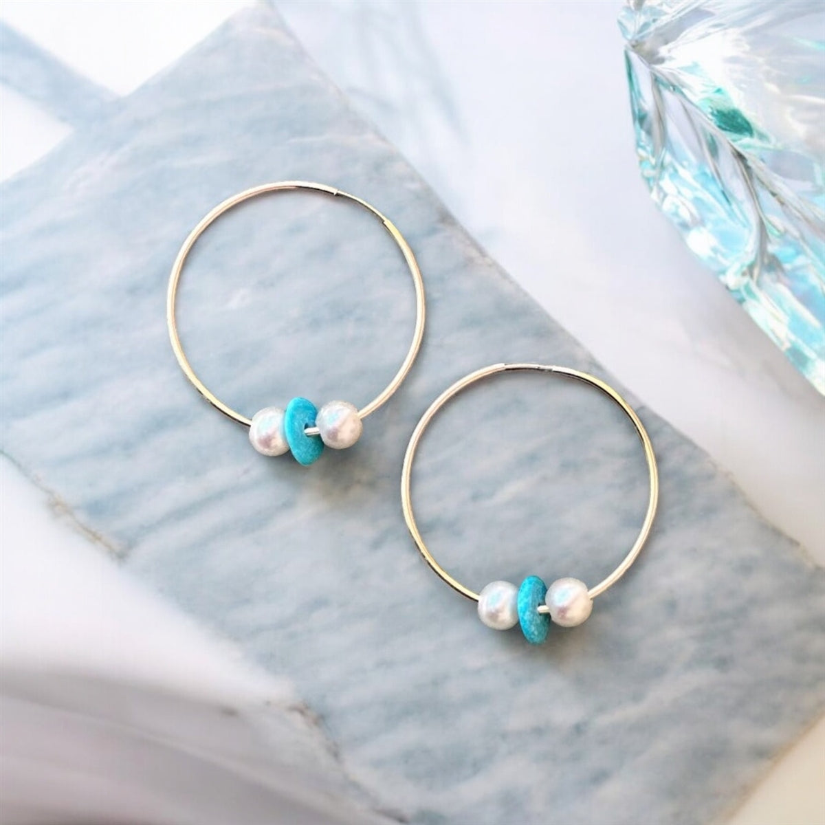 Wendy Mignot Silver Three-Pearl Hoop Earrings - White, Turquoise, White