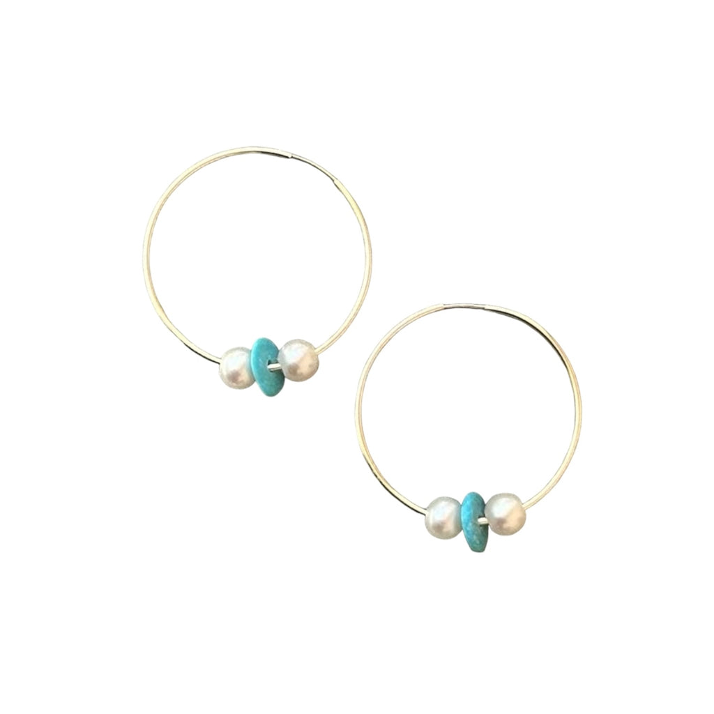 Wendy Mignot 14k Gold-Filled Three Pearl Hoop Earrings - White, Turquoise, White