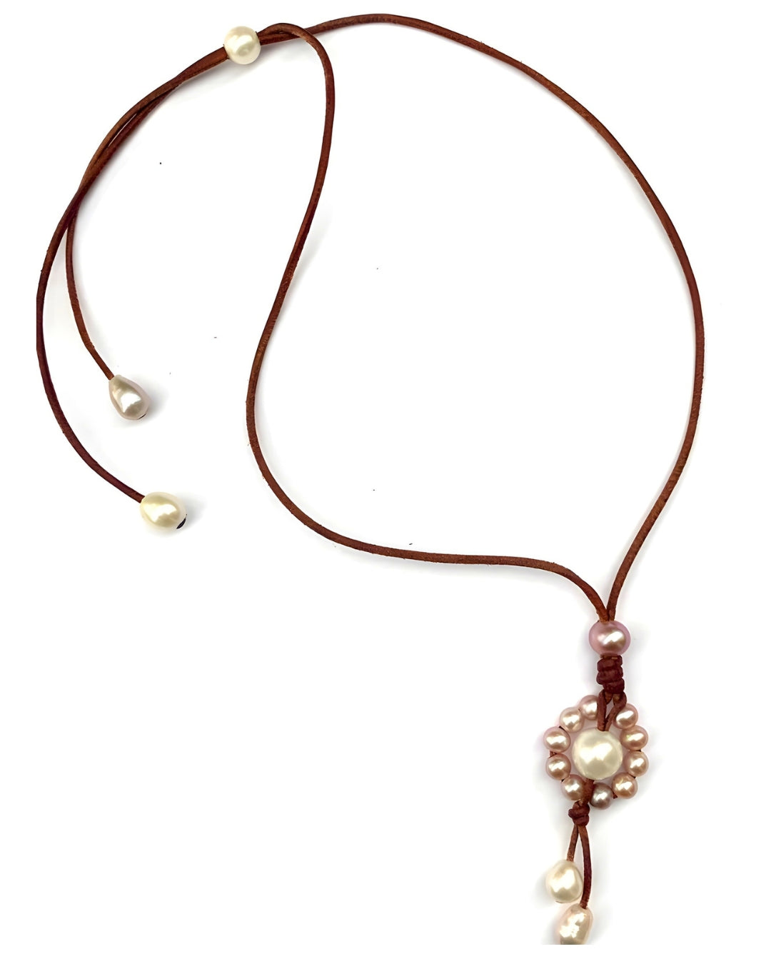 Wendy Mignot Freshwater Pearl and Leather Sunflower Necklace Slider-Pink