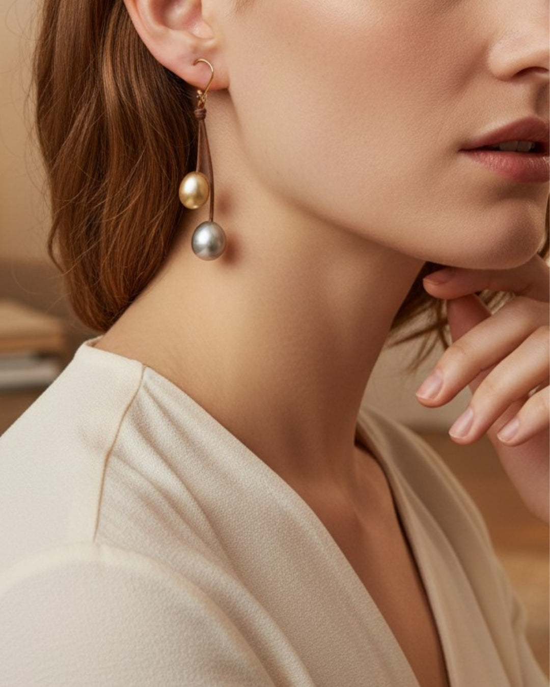 Wendy Mignot South Sea Gold Pearl and Platinum Tahitian Pearl Two Drop Earrings