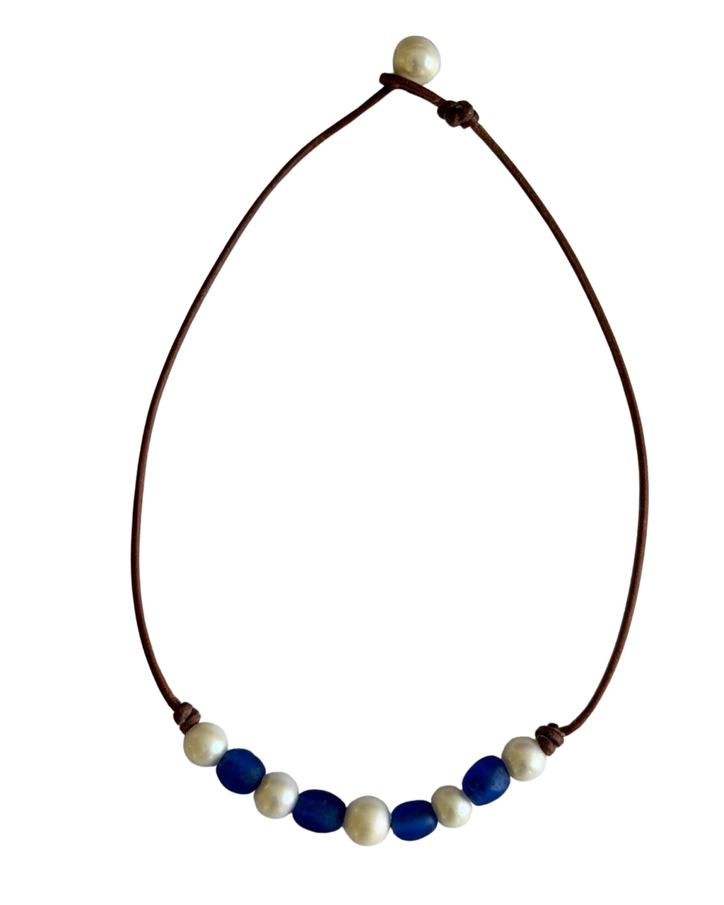 Wendy Mignot African Seaglass and Freshwater Pearl and Leather Regatta Necklace-Blue