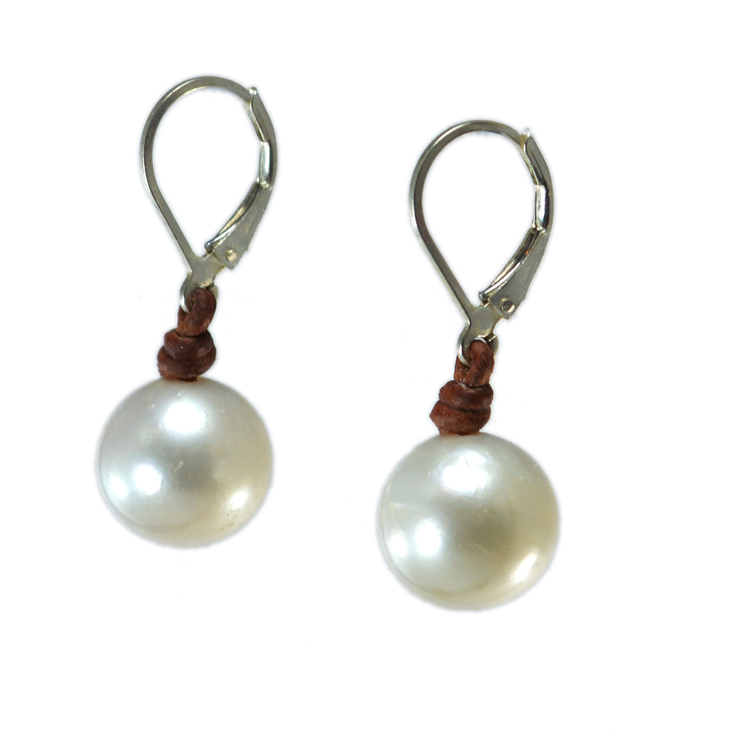 Wendy Mignot Coastal Single Freshwater Pearl and Leather Earrings White
