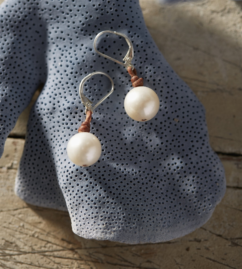 Wendy Mignot Coastal Single Freshwater Pearl and Leather Earrings White