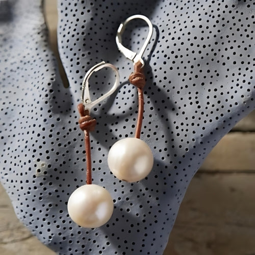 Wendy Mignot Coastal Single Freshwater Pearl and Leather Earrings White I