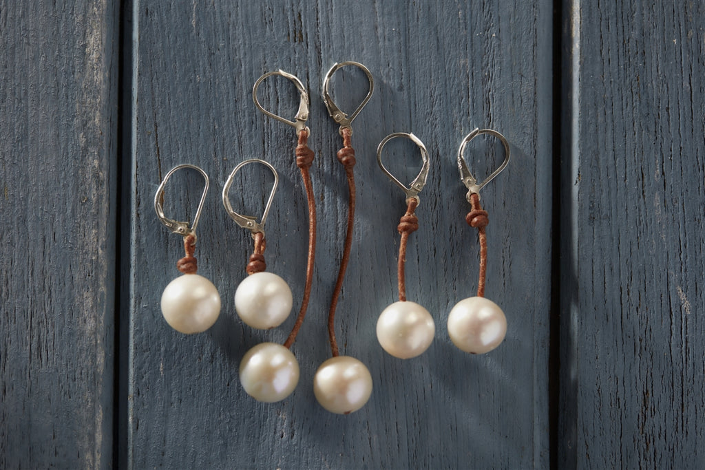 Wendy Mignot Coastal Single Freshwater Pearl and Leather Earrings White I